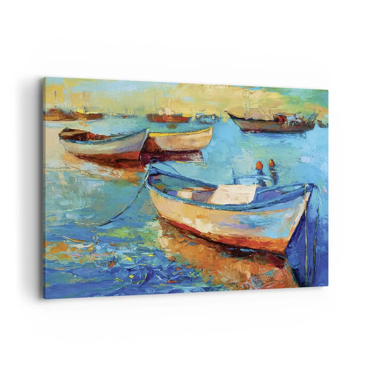 Impression sur toile - Image sur toile - Bateaux colorés amarrés sur une eau calme - 100x70cm - Dans la baie du sud - Décoration murale moderne pour le salon et la chambre ARTTOR