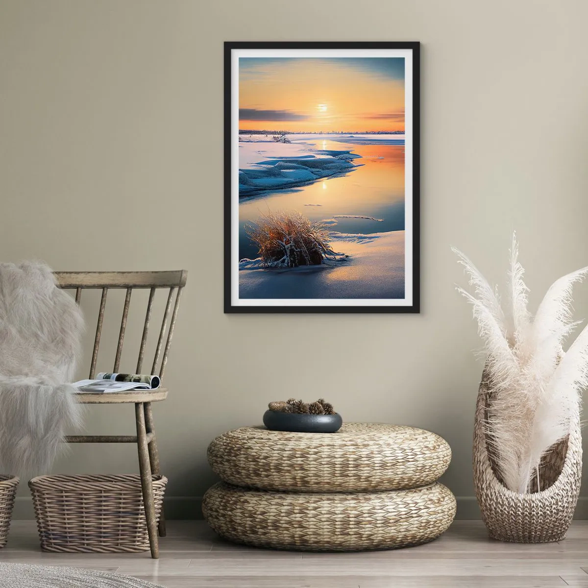 Affiche dans un cadre noir - Poster - Paysage d'hiver avec une rivière au coucher du soleil - 50x70cm - Coucher de soleil d'hiver - Décoration murale moderne pour le salon et la chambre ARTTOR