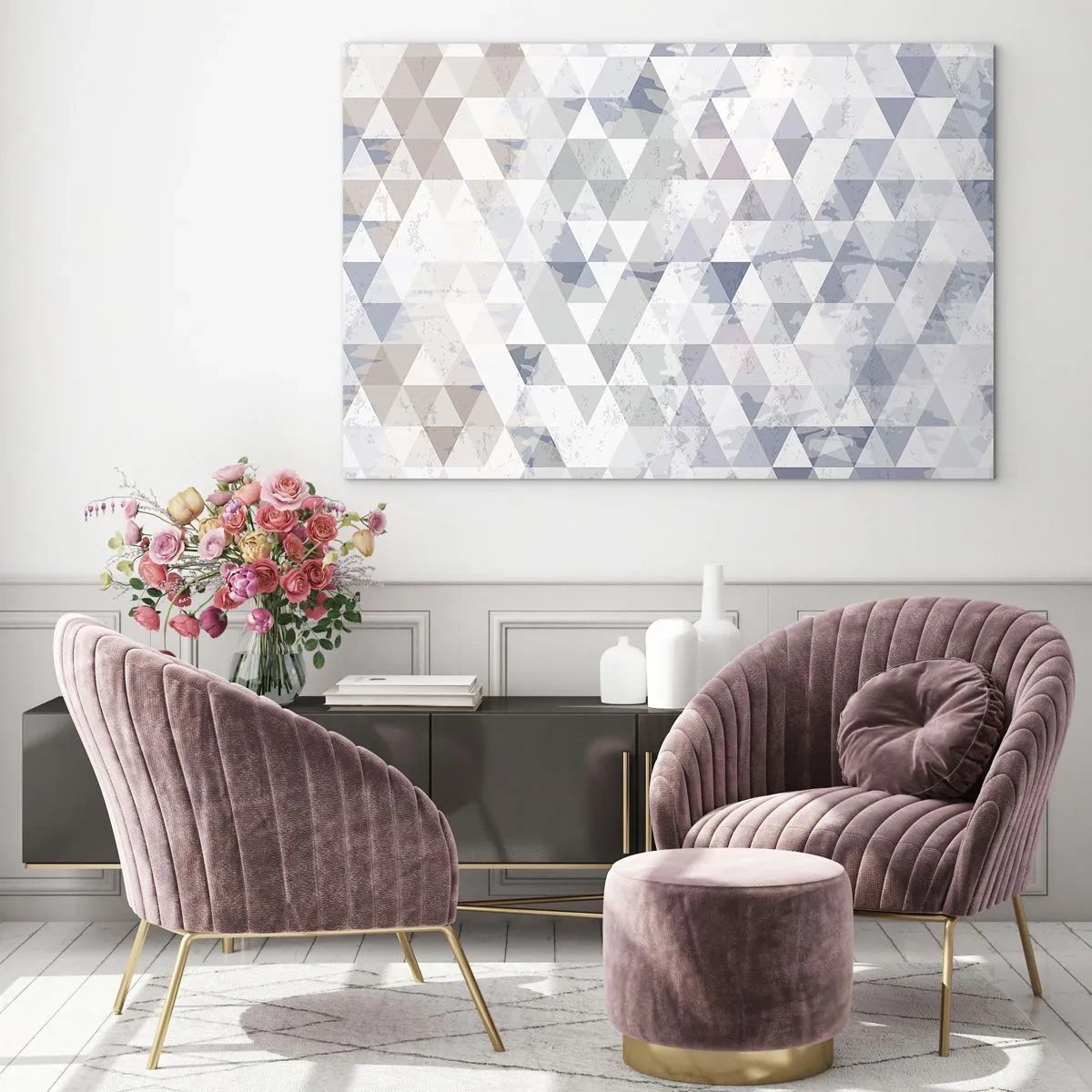 Impression sur verre - Image sur verre - Motif géométrique triangulaire dans des tons neutres de gris et de beige - 120x80cm - En rythme de trois - Décoration murale moderne pour le salon et la chambre ARTTOR
