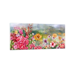 Impression sur verre - Image sur verre - Une composition colorée de fleurs sur un fond de paysage aux couleurs pastel - 120x50cm - Un jardin devenu fou - Décoration murale moderne pour le salon et la chambre ARTTOR