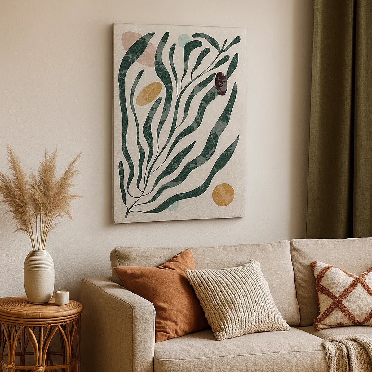 Impression sur toile - Image sur toile - Lignes et formes organiques en vert et beige - 50x70cm - Parmi la verdure - Décoration murale moderne pour le salon et la chambre ARTTOR