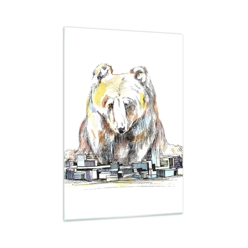 Impression sur verre - Image sur verre - Illustration d'un ours avec des détails et des blocs colorés - 70x100cm - Comment peut-on vivre ainsi ? - Décoration murale moderne pour le salon et la chambre ARTTOR