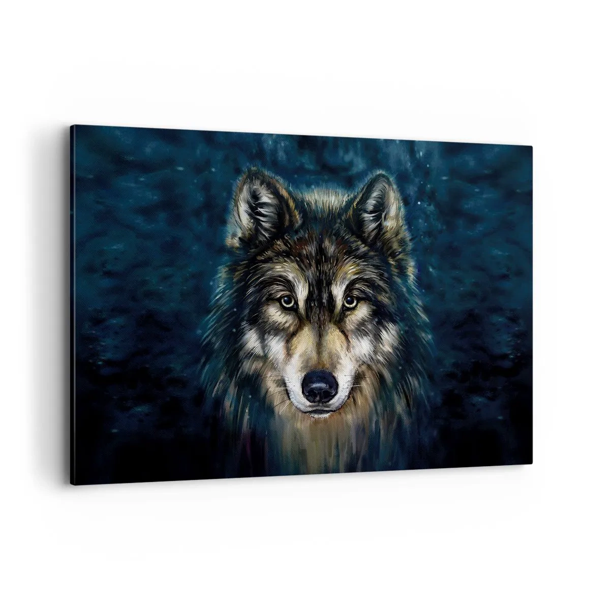 Impression sur toile - Image sur toile - Portrait d'un loup sur fond bleu foncé - 120x80cm - Alpha? Et oméga - Décoration murale moderne pour le salon et la chambre ARTTOR