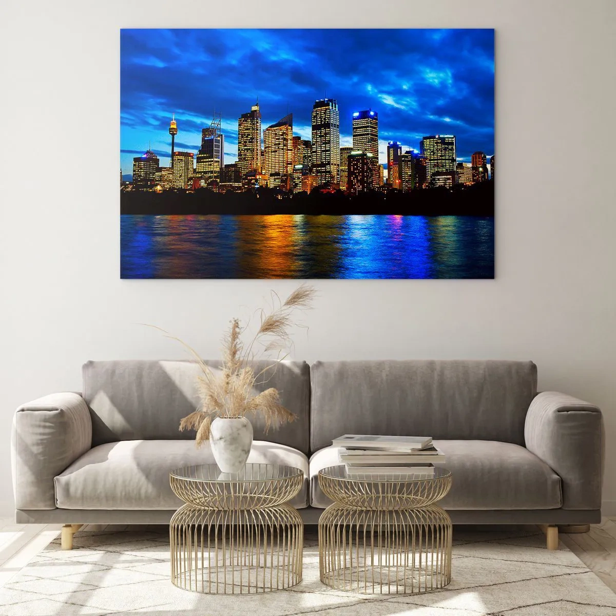 Impression sur verre - Image sur verre - Panorama de la ville nocturne reflétée dans l'eau - 100x70cm - Une nuit de lumières et de couleurs - Décoration murale moderne pour le salon et la chambre ARTTOR