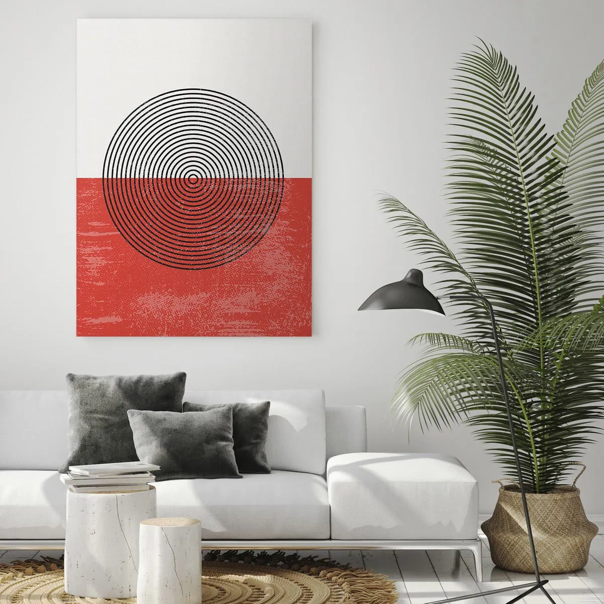 Impression sur verre - Image sur verre - Motif géométrique avec un cercle sur fond rouge et blanc - 50x70cm - Dans le mille - Décoration murale moderne pour le salon et la chambre ARTTOR