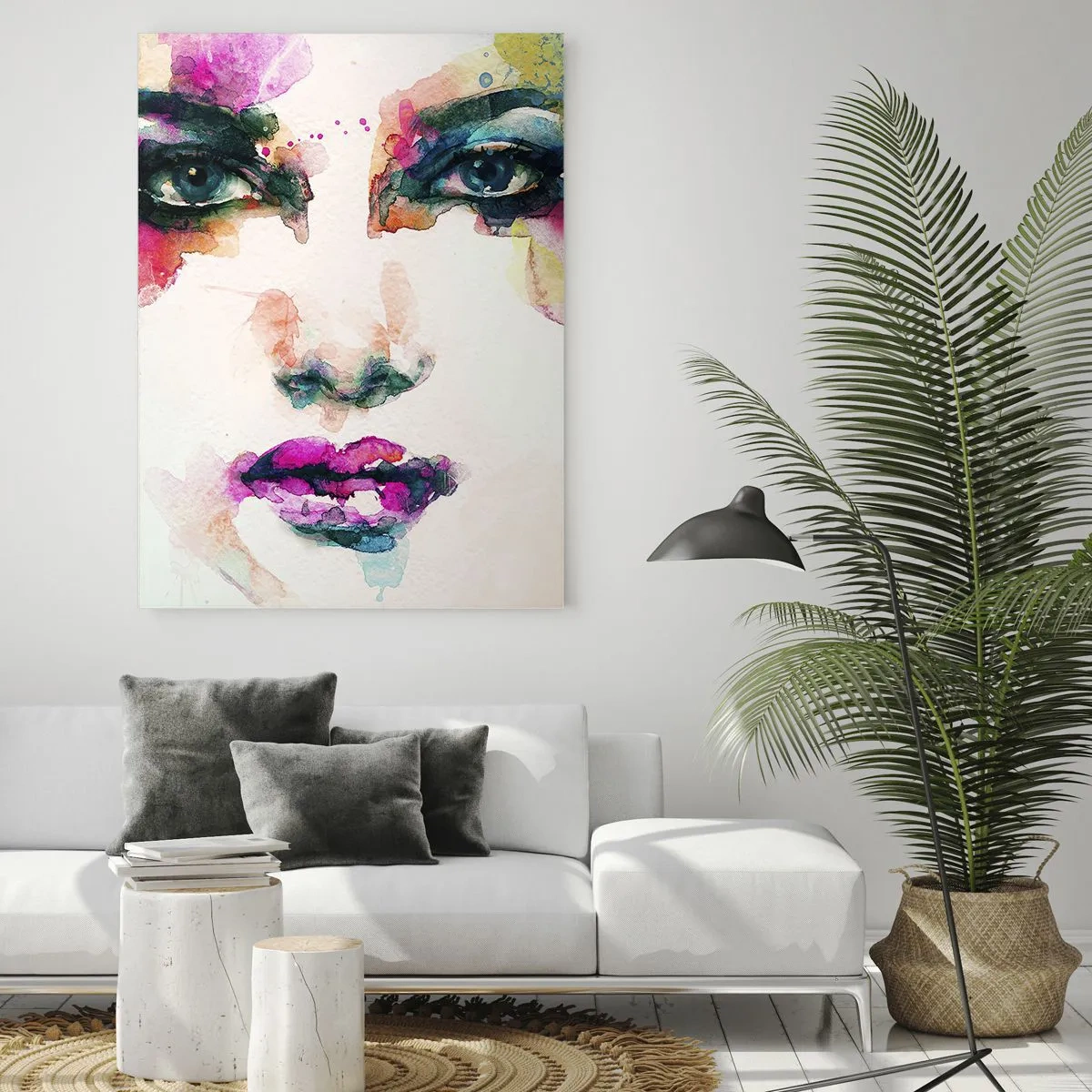 Impression sur verre - Image sur verre - Portrait abstrait d'une femme aux couleurs intenses - 70x100cm - Un portrait peint avec un arc-en-ciel - Décoration murale moderne pour le salon et la chambre ARTTOR