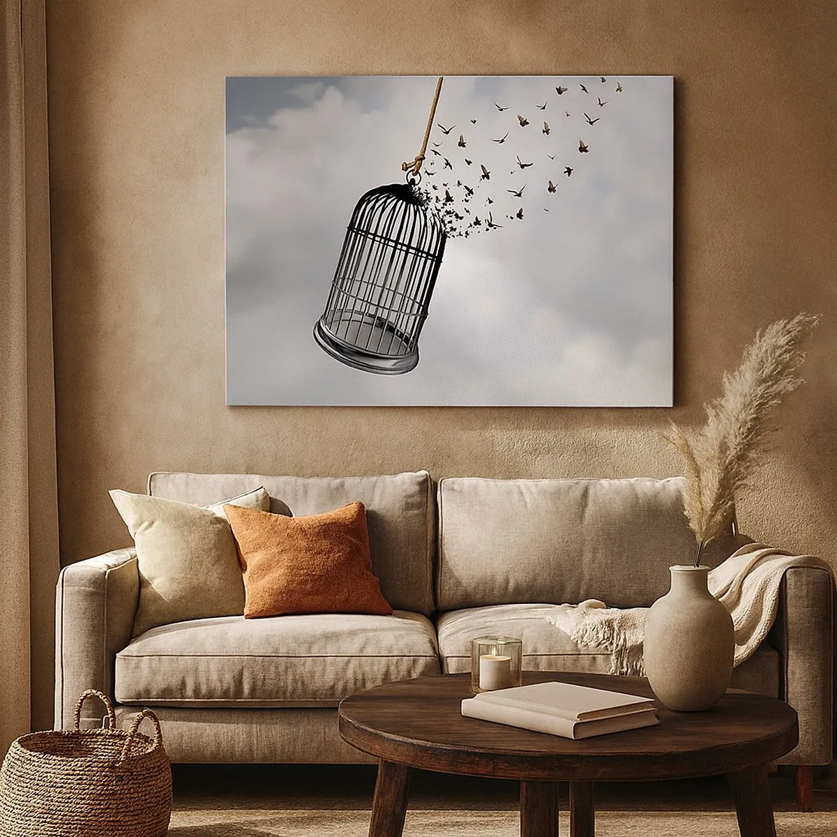 Impression sur toile - Image sur toile - Des oiseaux s'envolent d'une cage dans le ciel - 70x50cm - Foie...Espoir...Liberté! - Décoration murale moderne pour le salon et la chambre ARTTOR