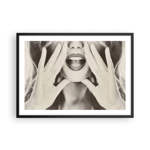 Affiche dans un cadre noir - Poster - Portrait noir et blanc d'une femme aux lèvres et aux mains expressives - 70x50cm - J'arrive! - Décoration murale moderne pour le salon et la chambre ARTTOR