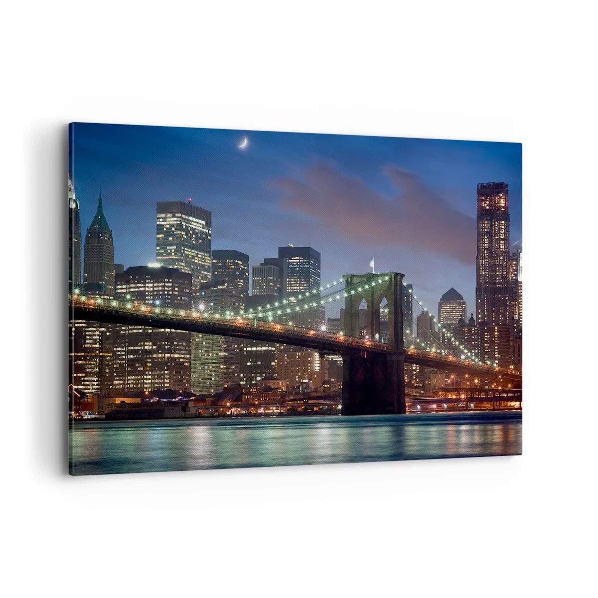 Impression sur toile - Image sur toile - Pont de New York la nuit avec bâtiments illuminés - 100x70cm - Nuit rougeoyante - Décoration murale moderne pour le salon et la chambre ARTTOR