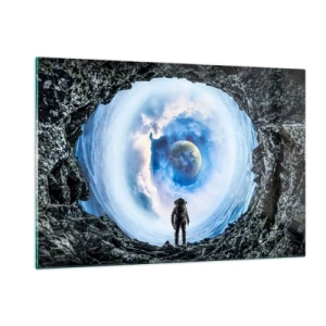 Impression sur verre - Image sur verre - Un astronaute regardant la Terre depuis l'intérieur d'une grotte rocheuse. - 120x80cm - Plus très loin de la maison - Décoration murale moderne pour le salon et la chambre ARTTOR