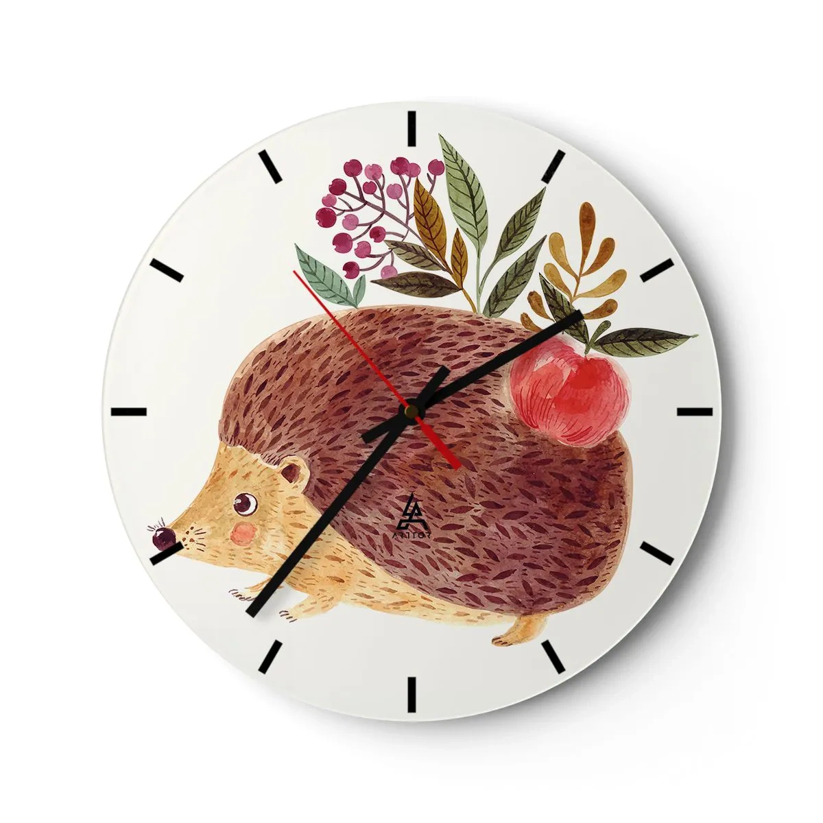 Horloge murale - Pendule murale - Hérisson avec une pomme et des brindilles sur fond clair - 30x30cm - Et tu m’apprécies déjà - Décoration murale moderne pour le salon, la cuisine et la chambre ARTTOR