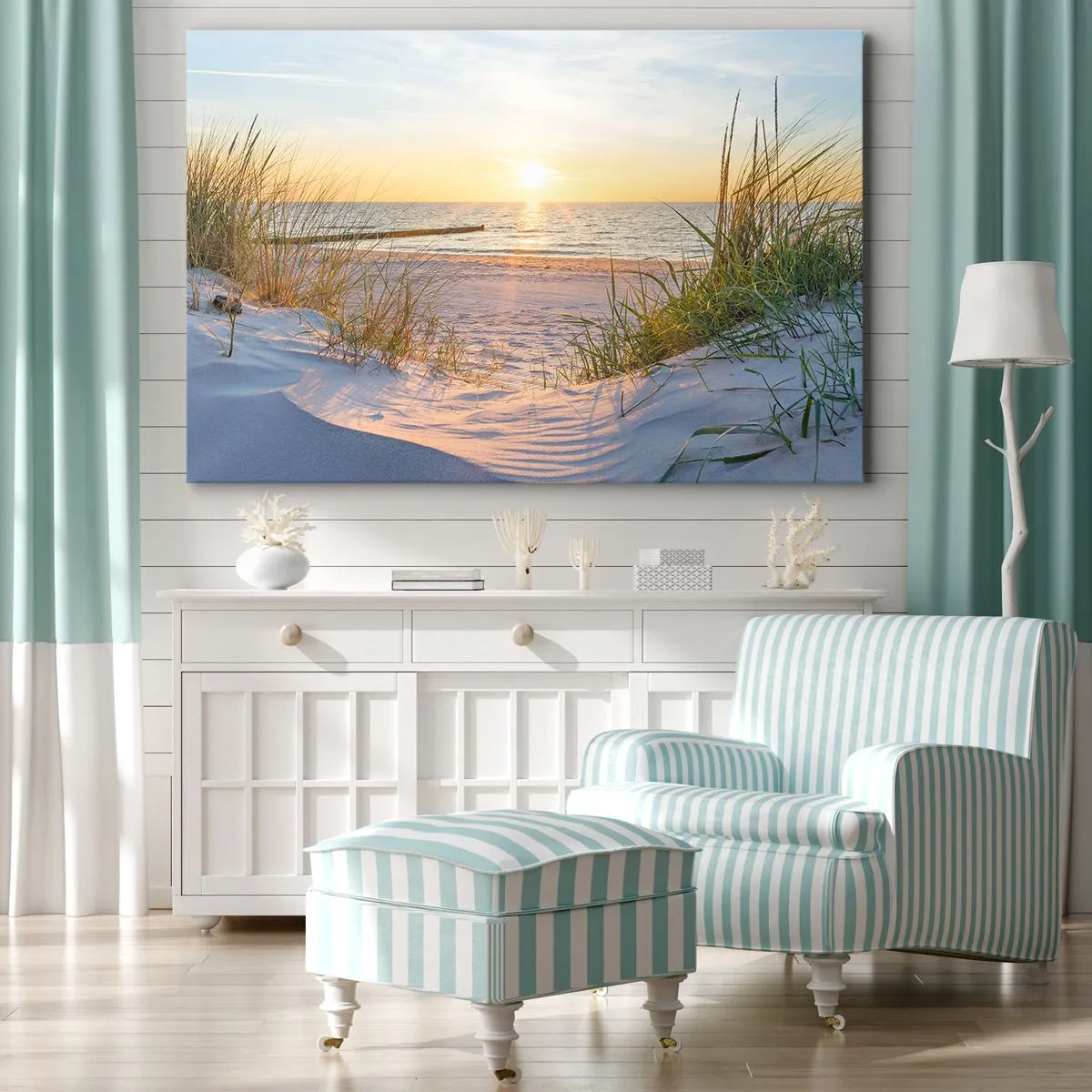 Impression sur toile - Image sur toile - Une plage de sable avec vue sur le coucher de soleil sur la mer - 100x70cm - Le bruit de la mer, le chant des oiseaux, une plage sauvage parmi les herbes… - Décoration murale moderne pour le salon et la chambre ART
