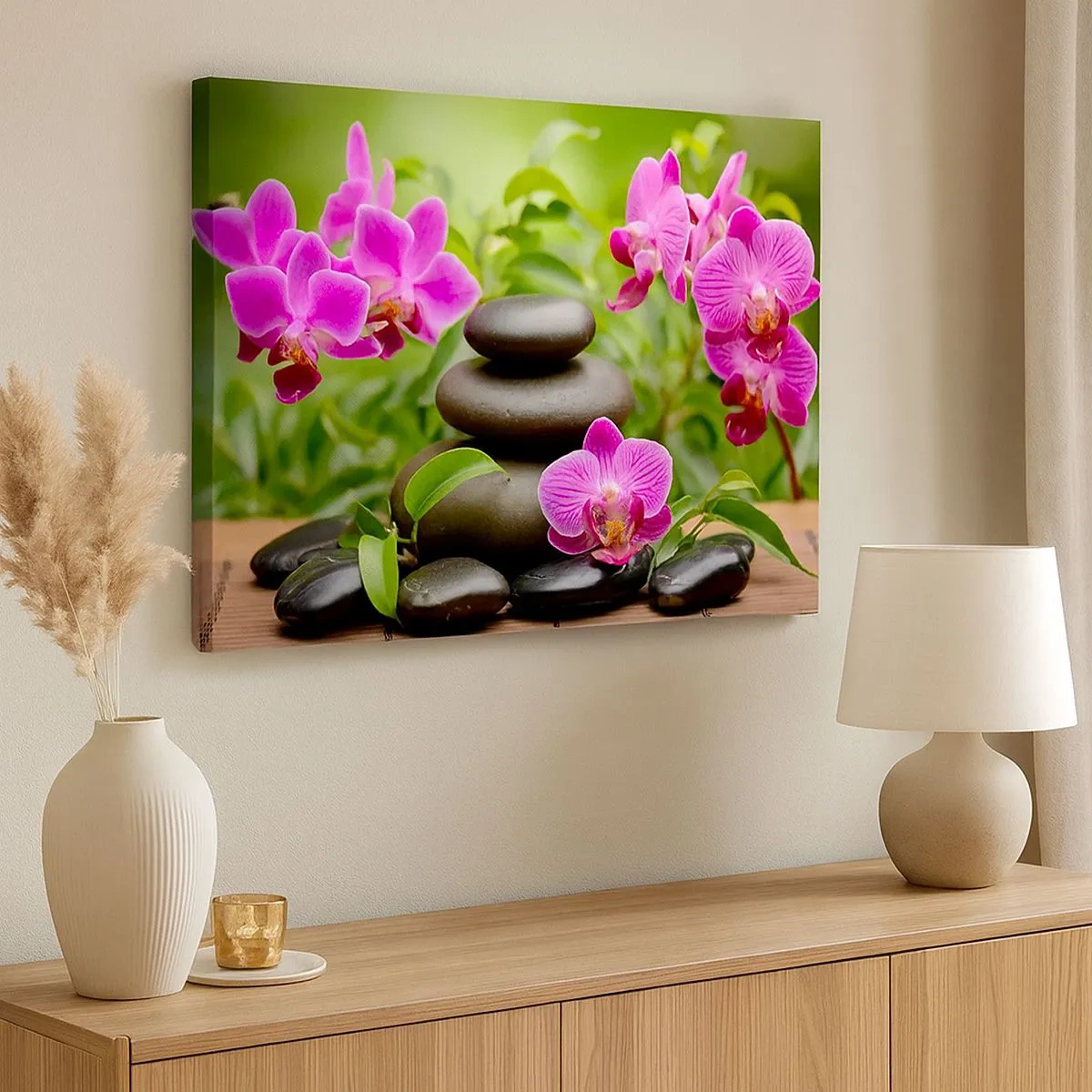Impression sur toile - Image sur toile - Orchidées roses avec des pierres sur fond vert - 70x50cm - Pyramide de la Paix - Décoration murale moderne pour le salon et la chambre ARTTOR