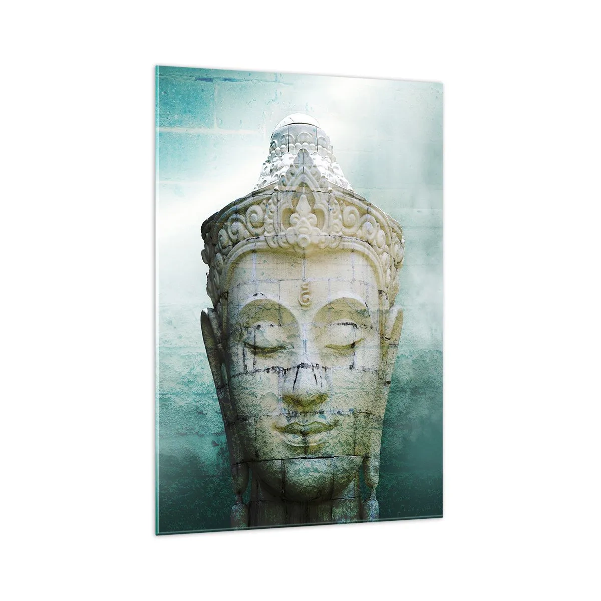 Impression sur verre - Image sur verre - Statue de Bouddha avec une douce brume sur un fond vert - 70x100cm - A la recherche de la lumière - Décoration murale moderne pour le salon et la chambre ARTTOR