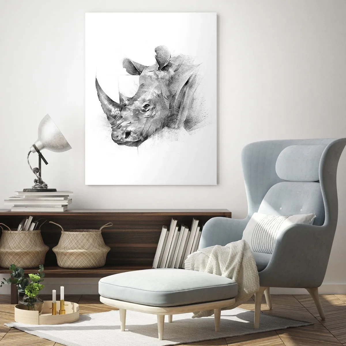 Impression sur verre - Image sur verre - Portrait artistique d'un rhinocéros en noir et blanc - 70x100cm - Potrait africain - Décoration murale moderne pour le salon et la chambre ARTTOR