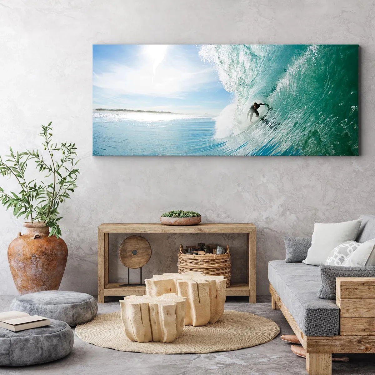 Impression sur toile - Image sur toile - Un surfeur chevauchant une vague au soleil contre un ciel bleu - 140x50cm - Toujours sur la vague - Décoration murale moderne pour le salon et la chambre ARTTOR