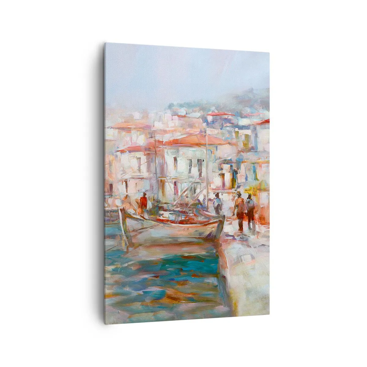 Impression sur toile - Image sur toile - Impression de port avec bateaux et bâtiments - 80x120cm - Vacances pastelles - Décoration murale moderne pour le salon et la chambre ARTTOR