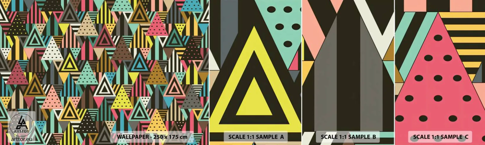 Échantillon de Papier Peint Autocollant Deluxe Sticker - En rythme de trois - Abstraction, Morceau, Triangles - 100x30 cm