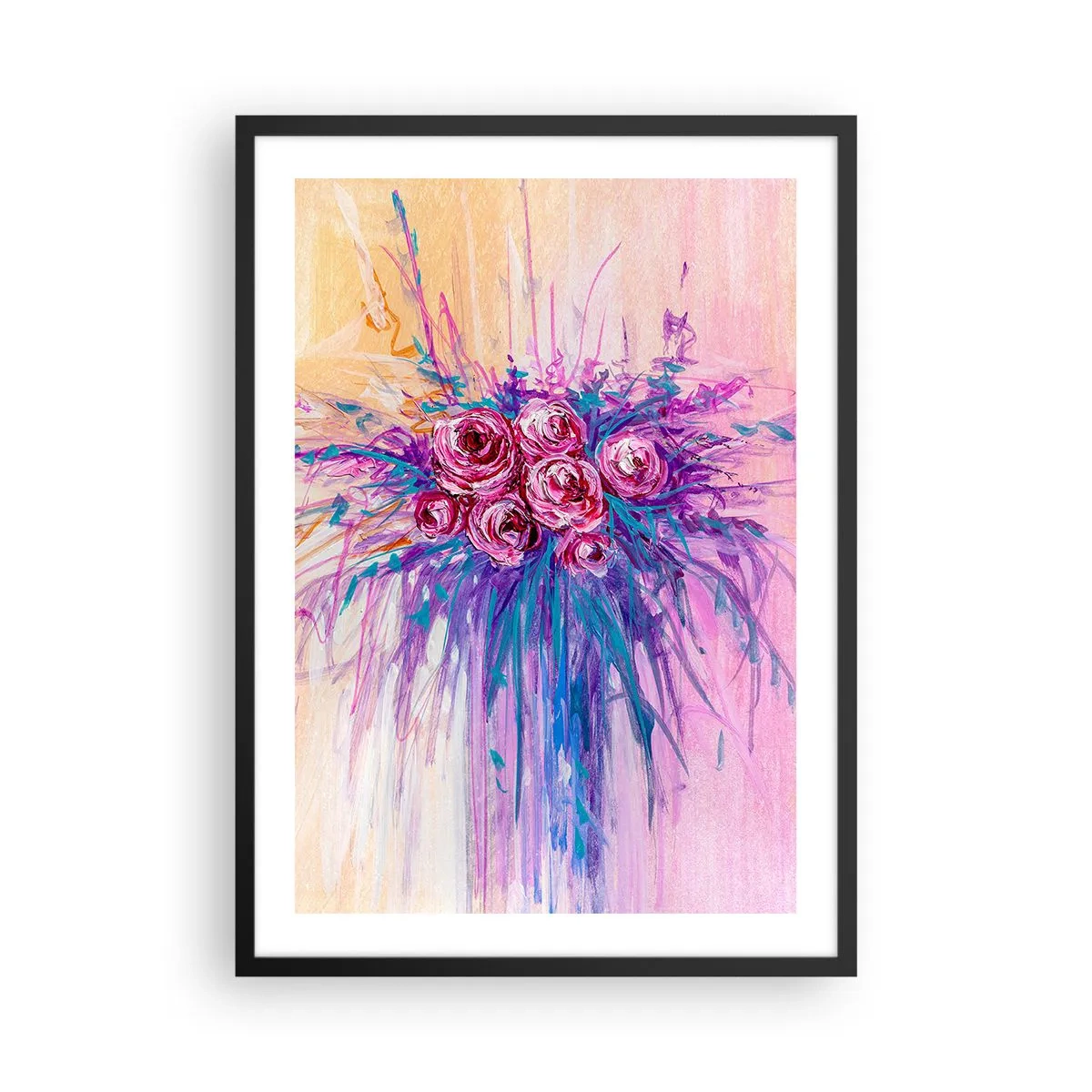 Affiche dans un cadre noir - Poster - Des roses colorées sur un fond aux tons roses - 50x70cm - Fontaine aux roses - Décoration murale moderne pour le salon et la chambre ARTTOR