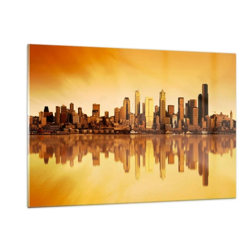 Impression sur verre - Image sur verre - Panorama de la ville dans la lumière dorée du coucher du soleil - 120x80cm - Le silence de la métropole - Décoration murale moderne pour le salon et la chambre ARTTOR