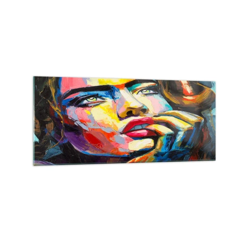 Impression sur verre - Image sur verre - Portrait coloré d'une femme dans le style expressionniste - 120x50cm - Les rêves volent dans le ciel comme des oiseaux - Décoration murale moderne pour le salon et la chambre ARTTOR