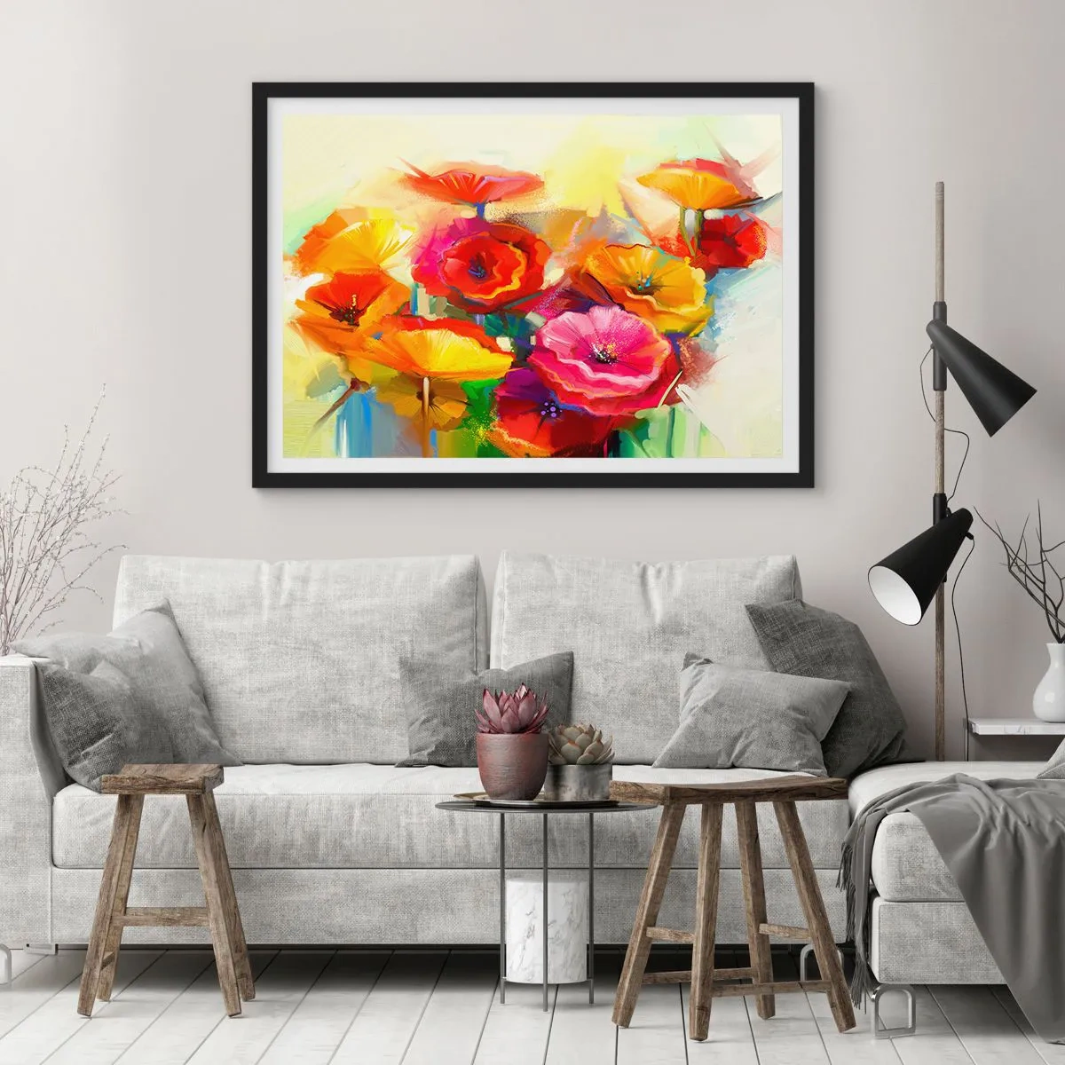 Affiche dans un cadre noir - Poster - Fleurs abstraites colorées sur fond clair - 70x50cm - Pas seulement rouge - Décoration murale moderne pour le salon et la chambre ARTTOR