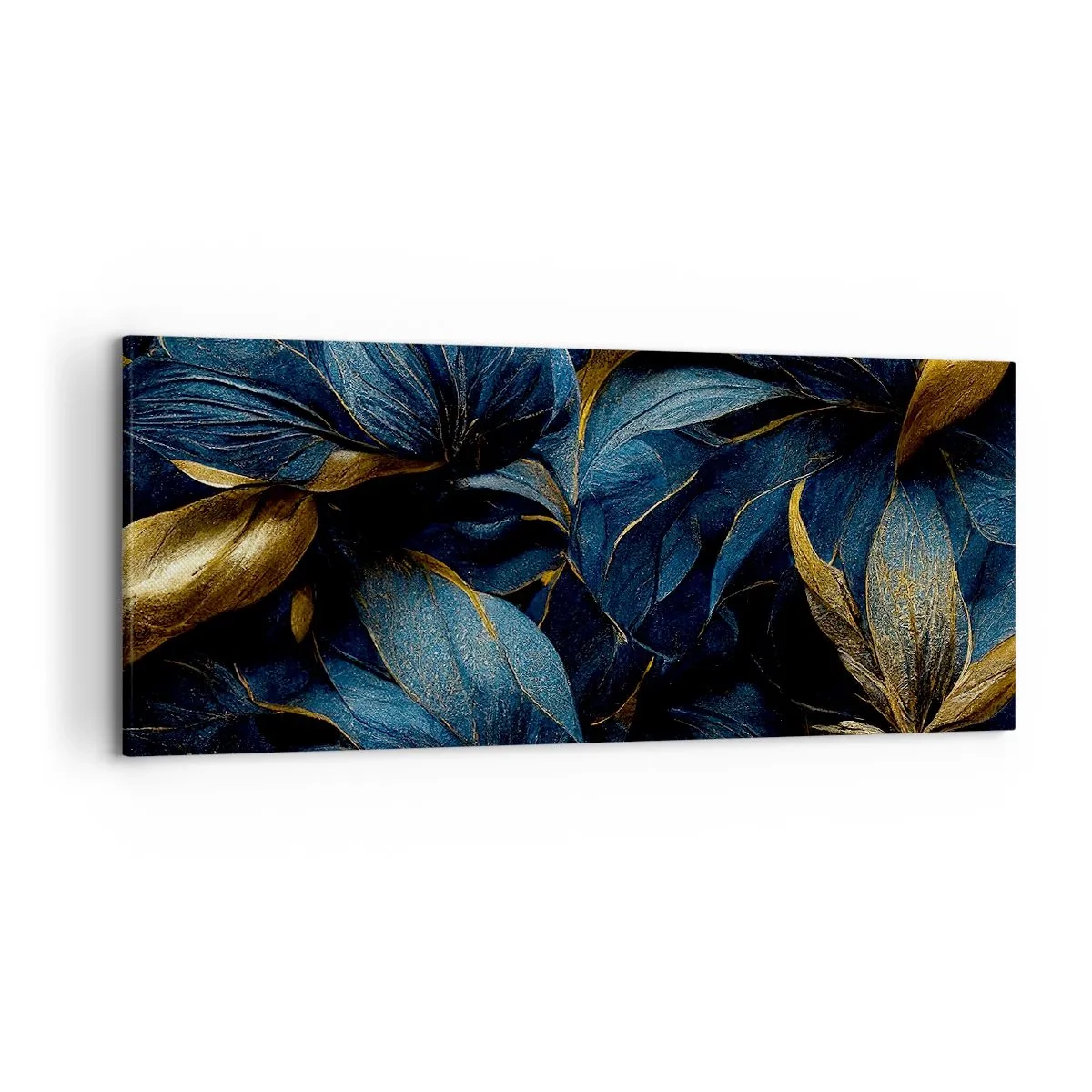 Impression sur toile - Image sur toile - Feuilles élégantes dans des tons dorés et bleu marine - 120x50cm - Des dessous dorés - Décoration murale moderne pour le salon et la chambre ARTTOR