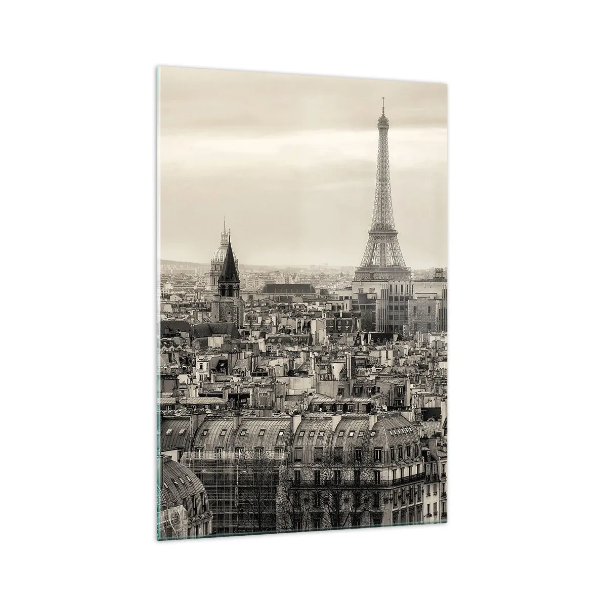 Impression sur verre - Image sur verre - Panorama de Paris avec la Tour Eiffel en tons sépia - 70x100cm - Sur les toits de Paris - Décoration murale moderne pour le salon et la chambre ARTTOR