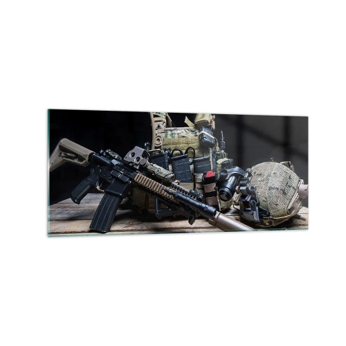 Impression sur verre - Image sur verre - Équipement tactique avec un fusil sur une table en bois - 120x50cm - Se reposer! - Décoration murale moderne pour le salon et la chambre ARTTOR