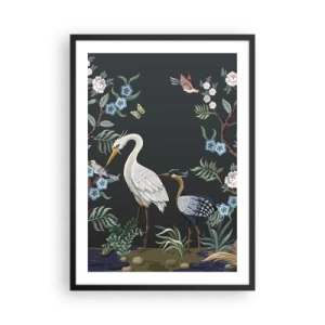 Affiche dans un cadre noir - Poster - Illustration d'oiseaux parmi des fleurs sur fond sombre - 50x70cm - Parade d'oiseaux - Décoration murale moderne pour le salon et la chambre ARTTOR