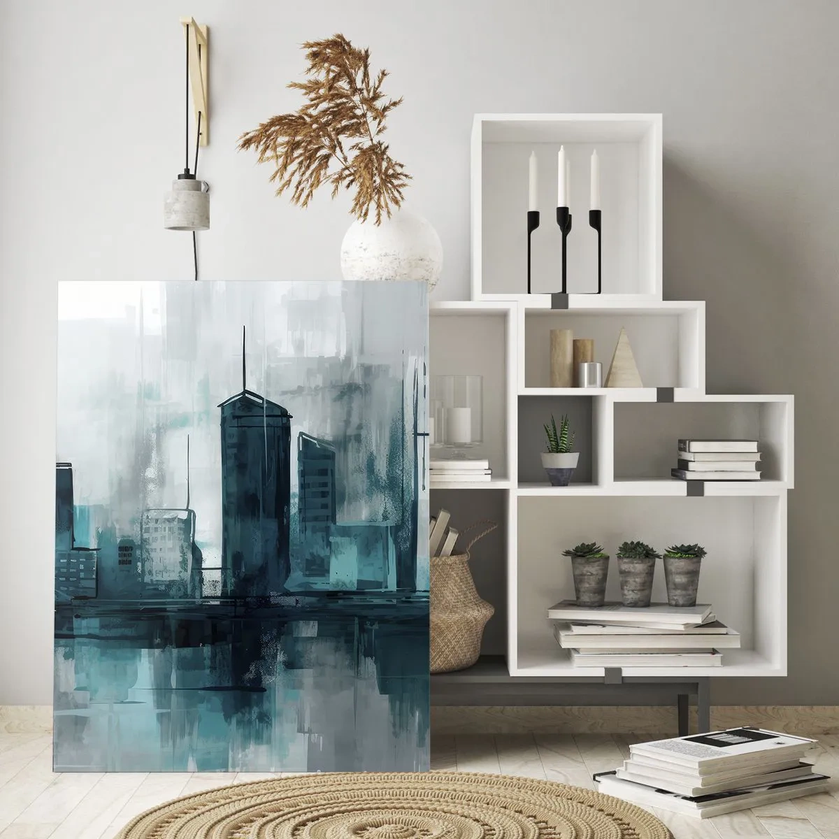 Impression sur verre - Image sur verre - Une ville moderne aux tons turquoise et gris - 80x120cm - Une ville couleur de pluie - Décoration murale moderne pour le salon et la chambre ARTTOR