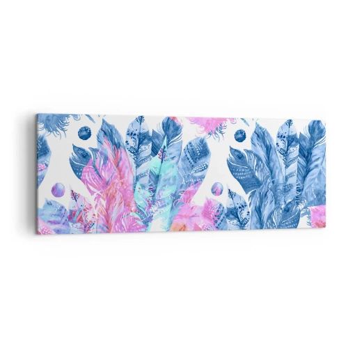 Impression sur toile - Image sur toile - Motif abstrait avec des plumes colorées dans des tons pastel - 140x50cm - Plumes en rose et bleu - Décoration murale moderne pour le salon et la chambre ARTTOR