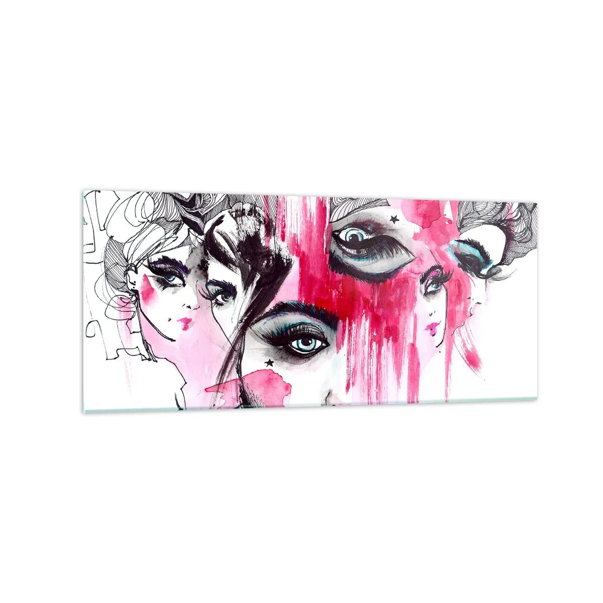 Impression sur verre - Image sur verre - Visage abstrait dans les tons de rose et de noir - 120x50cm - Yeux abstraits - Décoration murale moderne pour le salon et la chambre ARTTOR