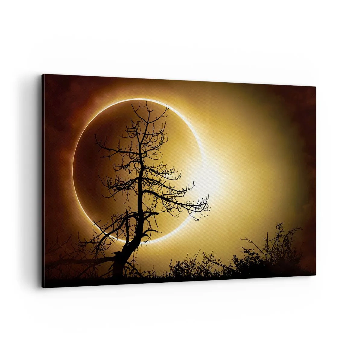 Impression sur toile - Image sur toile - Éclipse solaire avec une silhouette d'arbre au premier plan - 120x80cm - Éclipse totale - Décoration murale moderne pour le salon et la chambre ARTTOR