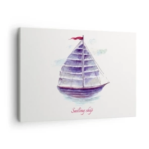 Impression sur toile - Image sur toile - Une aquarelle représentant un voilier sur l'eau avec une inscription délicate - 70x50cm - Plein de voiles et d’eau calme - Décoration murale moderne pour le salon et la chambre ARTTOR