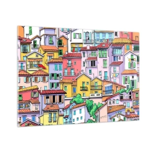 Impression sur verre - Image sur verre - Des immeubles colorés de style dessin animé, pleins de détails - 100x70cm - Ville joyeuse - Décoration murale moderne pour le salon et la chambre ARTTOR