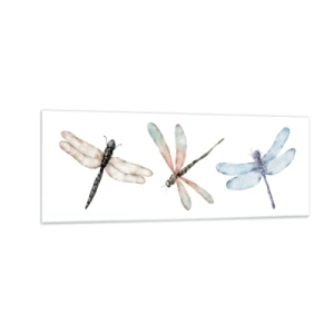 Impression sur verre - Image sur verre - Trois libellules aux couleurs pastel délicates - 140x50cm - Libellules en apesanteur - Décoration murale moderne pour le salon et la chambre ARTTOR