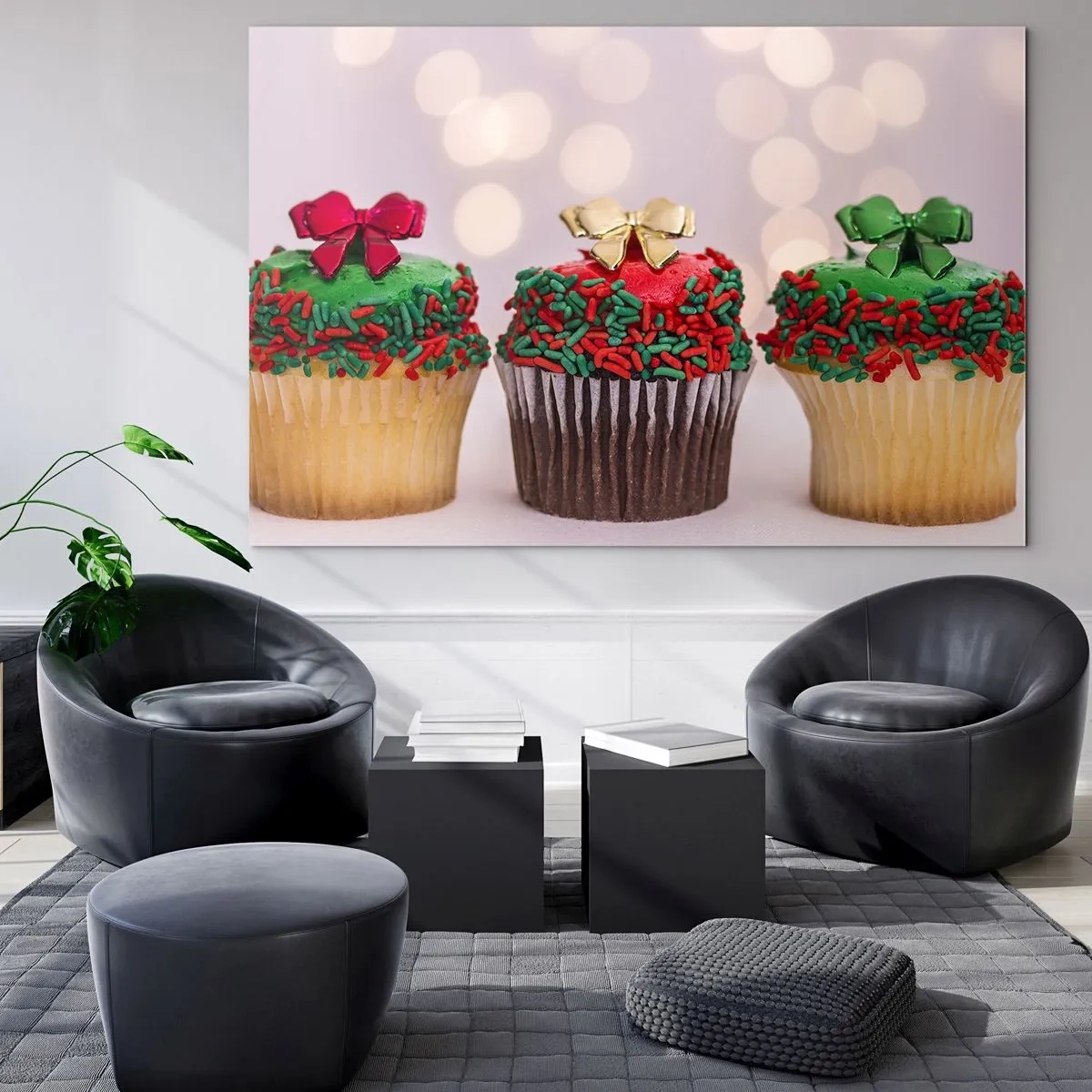 Impression sur verre - Image sur verre - Cupcakes de Noël avec décorations en forme de nœud - 120x80cm - Une sucrerie après la cocarde - Décoration murale moderne pour le salon et la chambre ARTTOR