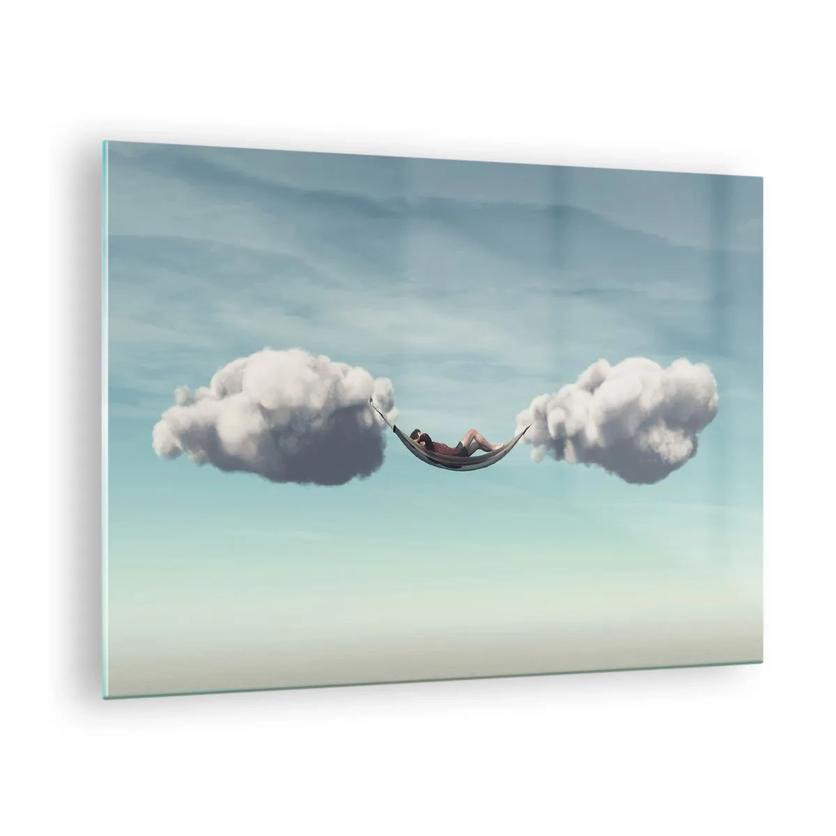 Impression sur verre - Image sur verre - Hamacs nuageux dans un ciel bleu - 70x50cm - Instant de bonheur - Décoration murale moderne pour le salon et la chambre ARTTOR