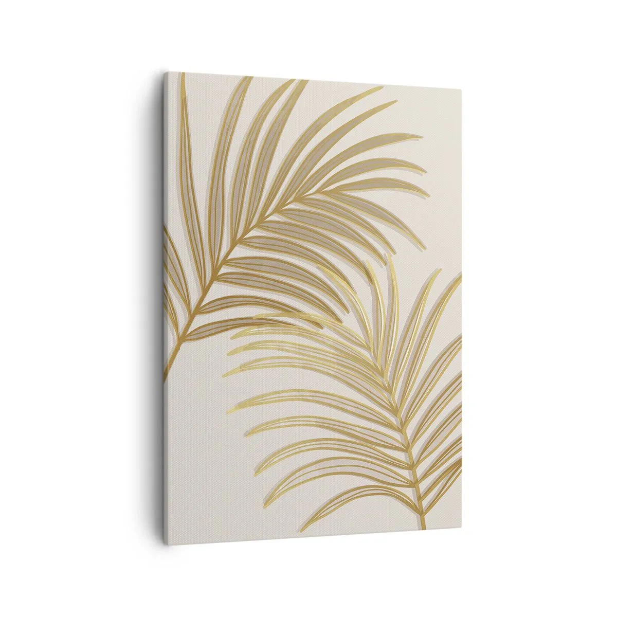 Impression sur toile - Image sur toile - Feuilles de palmier dorées sur fond clair dans un style minimaliste - 50x70cm - Palme d'or! - Décoration murale moderne pour le salon et la chambre ARTTOR