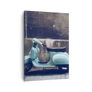Impression sur toile - Image sur toile - Un scooter rétro garé contre un mur de pierre - 50x70cm - Ambiance inoubliable - Décoration murale moderne pour le salon et la chambre ARTTOR