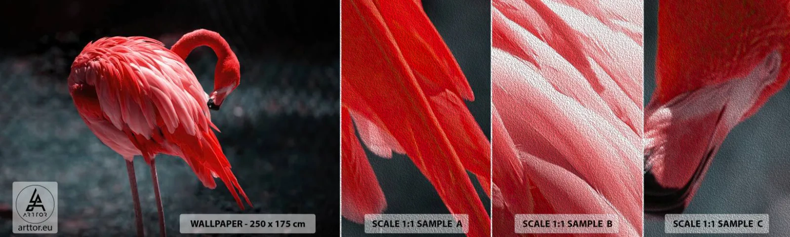 Échantillon de Papier Peint Premium Sand - Poème cramoisi de la nature - Flamant, Oiseau, Nature - 100x30 cm