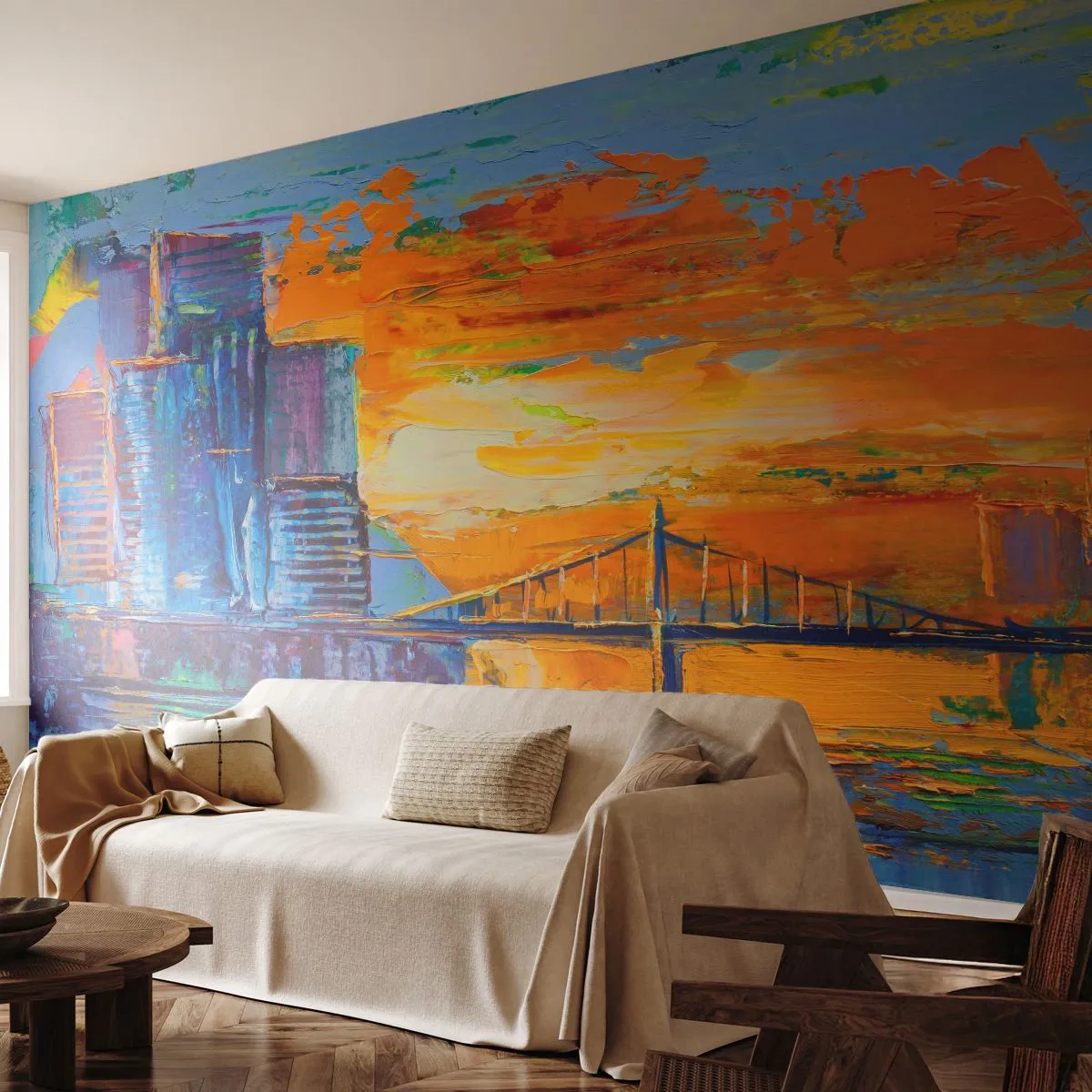 Papier Peint Photo Premium Sand - Panorama urbain abstrait aux couleurs intenses - 100x70cm - Culture et nature - Décoration murale moderne pour le salon et la chambre ARTTOR