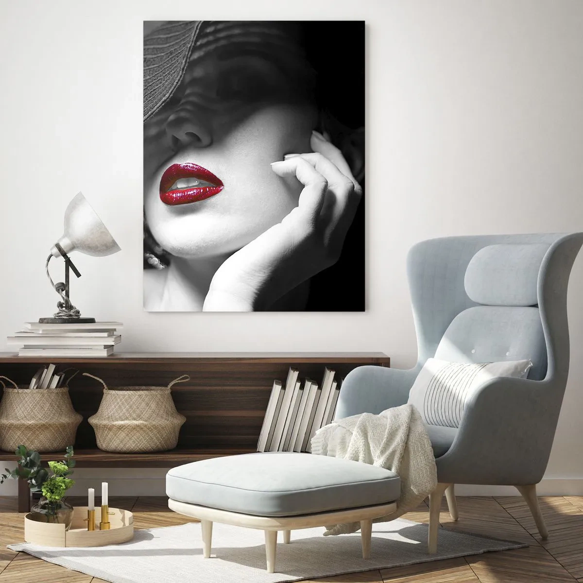 Impression sur verre - Image sur verre - Composition en noir et blanc avec un accent de lèvres rouges - 50x70cm - Étude écarlate - Décoration murale moderne pour le salon et la chambre ARTTOR