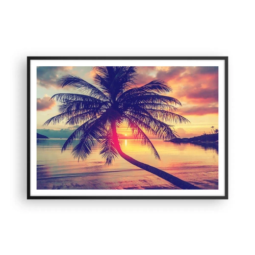 Affiche dans un cadre noir - Poster - Coucher de soleil avec un palmier sur un rivage tranquille - 100x70cm - Soirée sous les palmiers - Décoration murale moderne pour le salon et la chambre ARTTOR