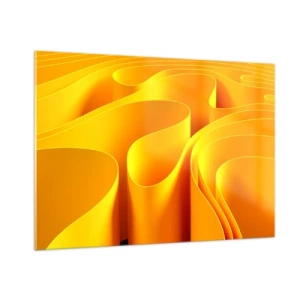 Impression sur verre - Image sur verre - Vagues abstraites dans des tons d'or et d'orange - 100x70cm - Comme les vagues du soleil - Décoration murale moderne pour le salon et la chambre ARTTOR