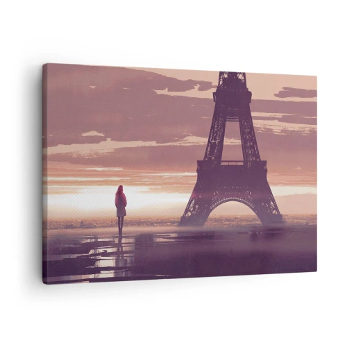 Impression sur toile - Image sur toile - Une silhouette regardant la Tour Eiffel à la lumière du soleil couchant - 70x50cm - Seulement deux d'entre eux - Décoration murale moderne pour le salon et la chambre ARTTOR