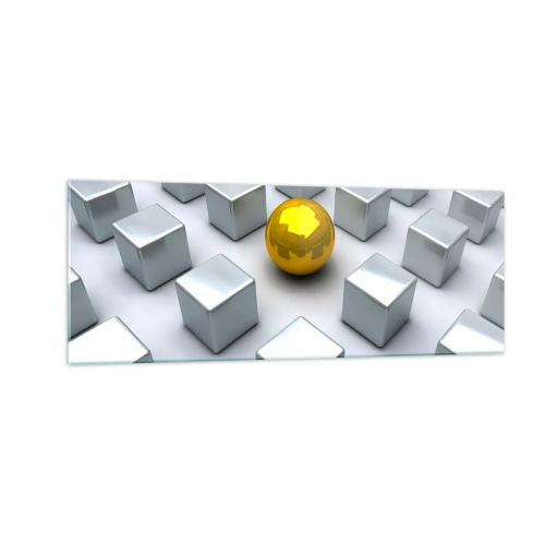 Impression sur verre - Image sur verre - Une sphère dorée se détachant parmi les cubes d'argent - 140x50cm - Pourquoi moi? Composition géométrique - Décoration murale moderne pour le salon et la chambre ARTTOR