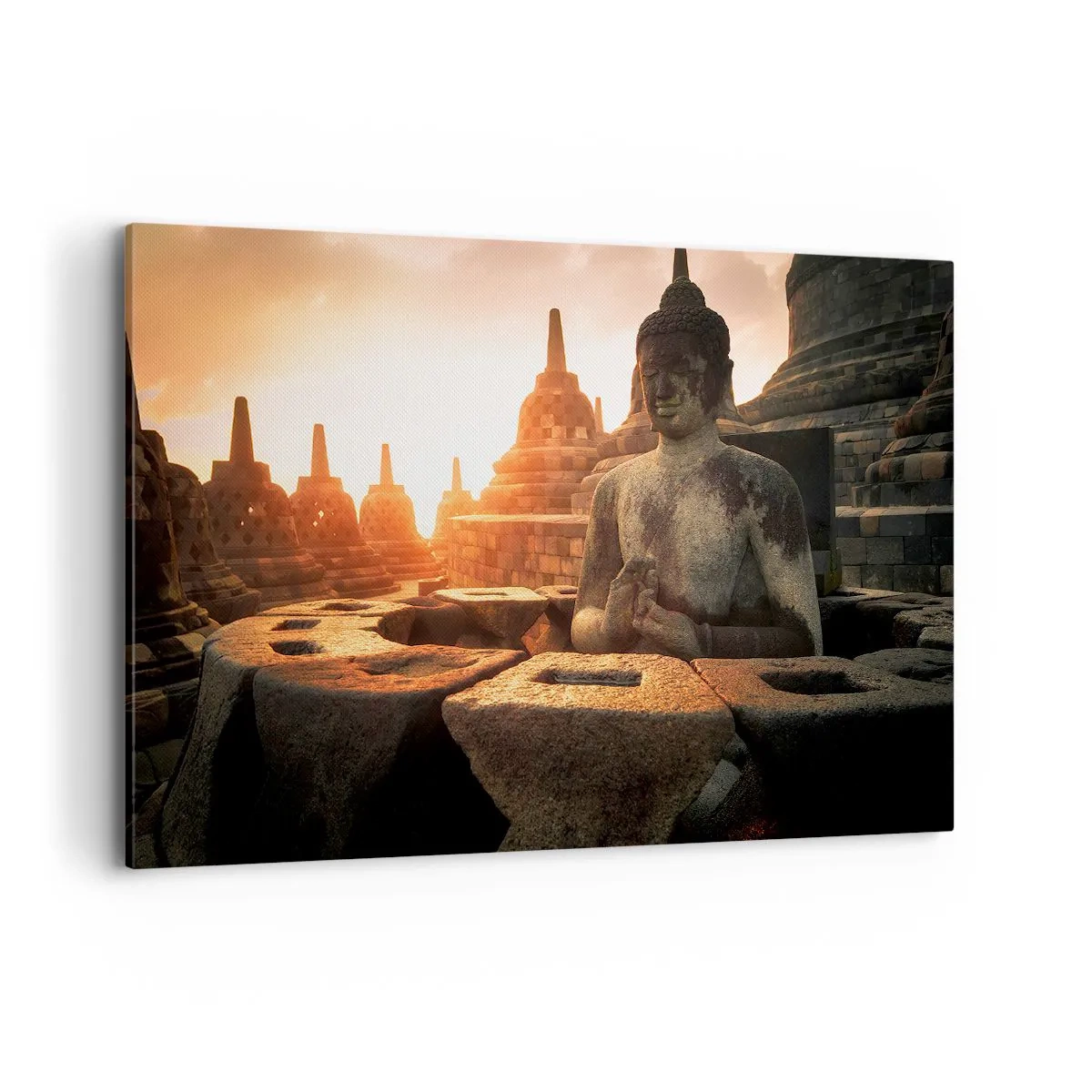Impression sur toile - Image sur toile - Statue de Bouddha au temple de Borobudur au coucher du soleil - 120x80cm - Temps de grande sagesse - Décoration murale moderne pour le salon et la chambre ARTTOR