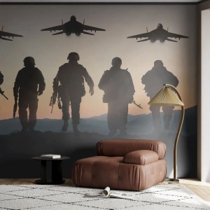Papier Peint Photo Premium Canvas - Silhouettes de soldats et d'avions de chasse sur fond de coucher de soleil - 100x70cm - Bienvenue dans notre monde - Décoration murale moderne pour le salon et la chambre ARTTOR